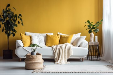Luxury living room in house with modern interior design, yellow velvet sofa, coffee table, pouf, gold decoration, plant, lamp, carpet, mock up poster frame and elegant accessories. Template.