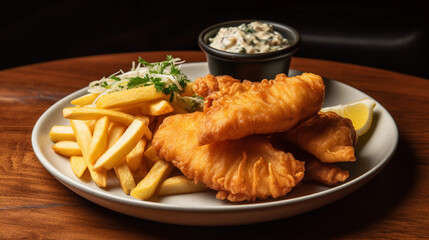 A plate of crispy and golden fish and chips, served with a side of tartar sauce and a wedge of lemon