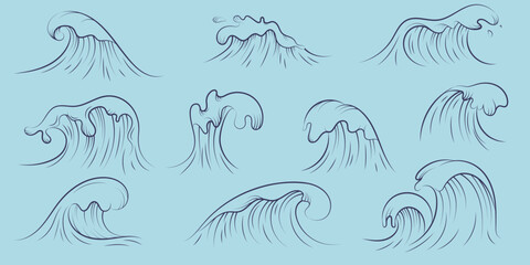 Vector sea waves collection. Isolated ocean water splash set in cartoon style.