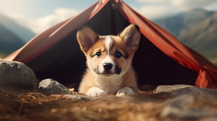 Generative AI camping in mountains with a dog. Red and white welsh corgi pembroke puppy is little traveler. Front view.