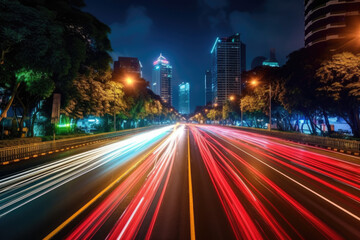 abstract long exposure dynamic speed light trails in an urban environment. Generative ai 