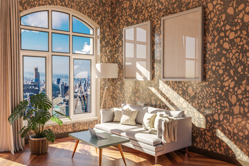 luxurious loft apartment with arched window and panoramic view over urban downtown; noble interior living room design mock up; 3D Illustration