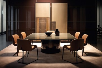 Dining room details. 3d render of luxurious dining room table with chairs and wooden details. Elegant interior design 3d render generative ai