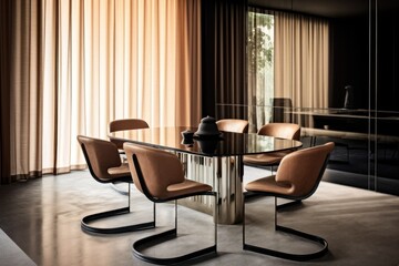 Fototapeta premium Dining room details. 3d render of luxurious dining room table with chairs and wooden details. Elegant interior design 3d render generative ai