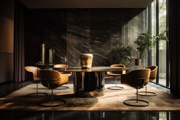 Fototapeta premium Dining room details. 3d render of luxurious dining room table with chairs and wooden details. Elegant interior design 3d render generative ai