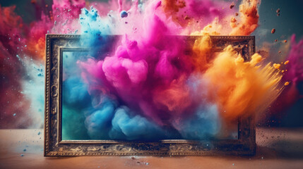 Product display frame with colorful powder paint explosion. Generative ai 