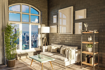 luxurious loft apartment with arched window and panoramic view over urban downtown; noble interior living room design mock up; 3D Illustration