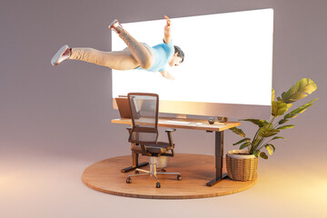 businessman floating in air gets sucked into giant pc display; surreal stress immersion and virtual...
