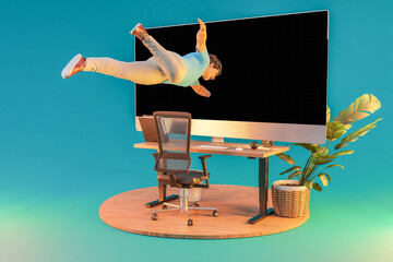 businessman floating in air gets sucked into giant pc display; surreal stress immersion and virtual...
