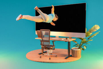 businessman floating in air gets sucked into giant pc display; surreal stress immersion and virtual reality concept; isolated desk on infinite background; 3D Illustration