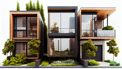 Row of modern, luxurious townhomes with wood and glass design elements surrounded by greenery, isolated on a white background Ai generated image