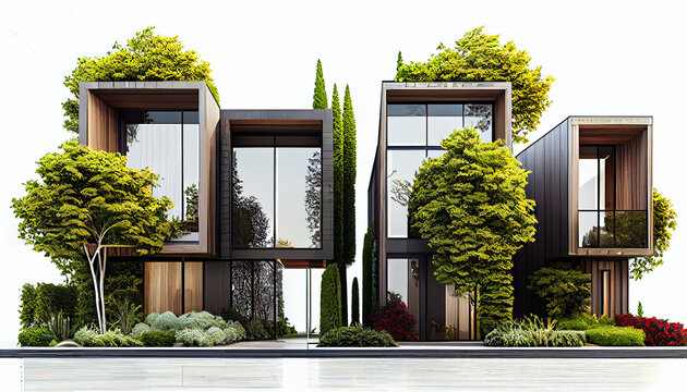 Row of modern, luxurious townhomes with wood and glass design elements surrounded by greenery, isolated on a white background Ai generated image