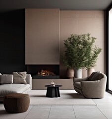 sleek, contemporary living room, couch, pillows and accent wall with fireplace and natural plants