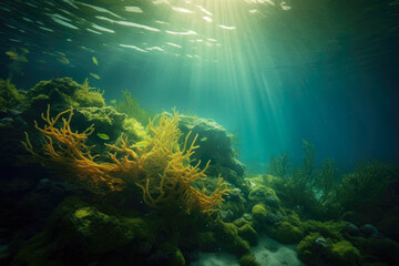 Fototapeta na wymiar Seabed Filled With Algae With Light Leaking From The Surface Created With Artificial Intelligence