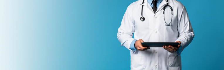 male doctor in a white coat on a blue background