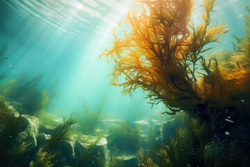 Fototapeta na wymiar Seabed Filled With Algae With Light Leaking From The Surface Created With Artificial Intelligence