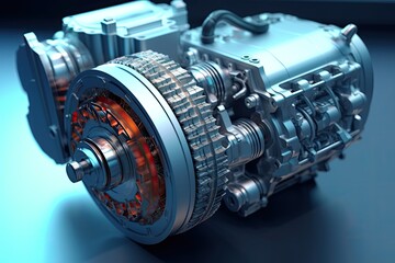 Modern electric motor of an electric car against a blue background. Generated by AI.