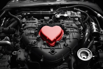 Creative concept for car care. Car engine with a red heart. Generated AI.