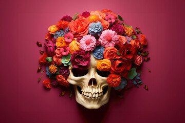 Skull decorated with colorful flowers. Traditional Mexican holiday "day of the dead" Generated by AI.
