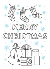 Vector illustration. Merry Christmas and New Year greeting card, poster, holiday cover. Christmas design with beautiful snowflakes in the style of linear art. Gift boxes, Christmas socks.