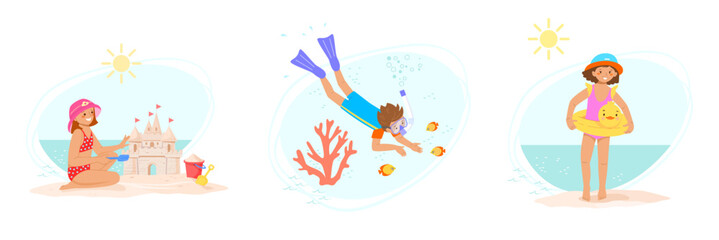 Set of summer holidays with children at sea. Little boy dives with  mask under water, girl in Panama hat and swimsuit with an inflatable circle, child builds sand castle on beach. Vector illustration. © Natalia