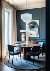 Dining room details, blue accent walls and wooden chairs. 3d render and generative ai of luxurious dining room area