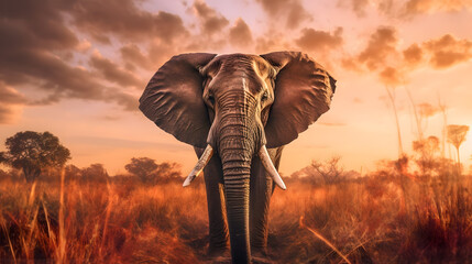 Elephant on the sunset in the desert