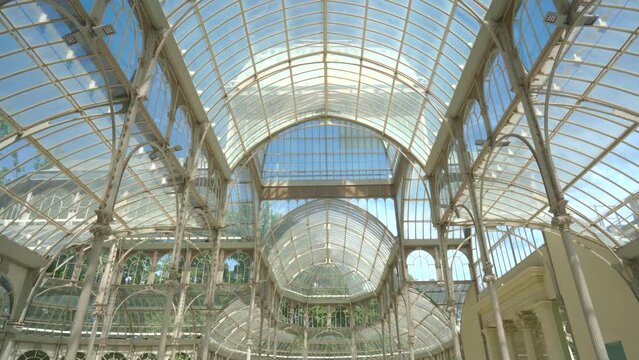 Glass roof of a glass palace or greenhouse, from the Retiro park, Madrid, Spain.