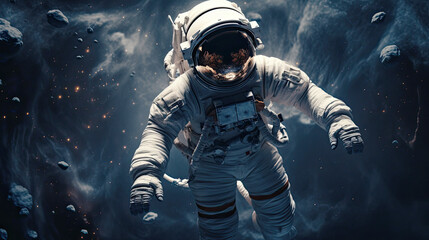 Astronaut in spacesuit exploring dark outer space