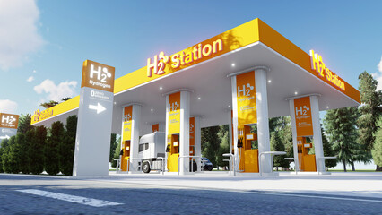 Hydrogen fuel car charging station white color visual concept design.  Power chargering station. 3d Rendering. 
