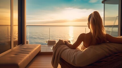 Rear view woman relaxing on a luxury boat, generative AI
