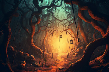 spooky dark forest with twisted trees. background for the holiday halloween. ai generative