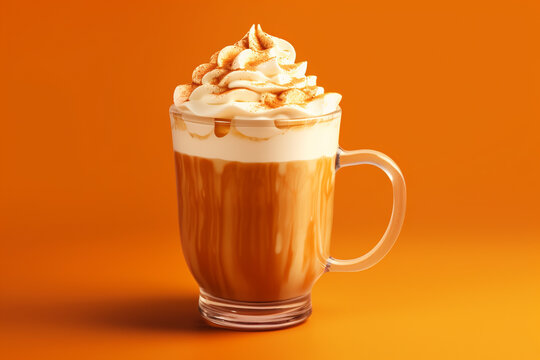 Pumpkin latte in a glass mug with cinnamon, nutmeg. ai generative