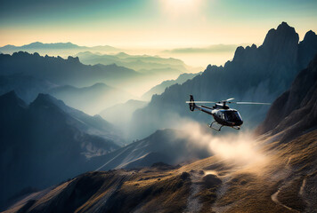 a helicopter with mountains in the background - obrazy, fototapety, plakaty