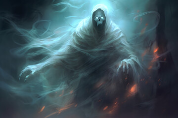 scary sinister ghost, on a creepy background, halloween. ai generative