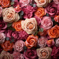Illustration, Generative AI. Beautiful floral background, roses, top view, backdrop, flowers.