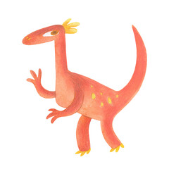Watercolor illustration of funny red dinosaur. Spotted dinosaur