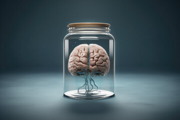 Anatomical brain in glass jar isolated on flat dark blue background with copy space. Creative concept of erudition, new discoveries and education. Generative AI 3d render illustration imitation.