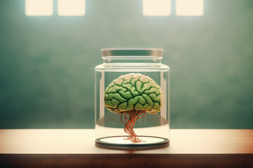 Anatomical brain in glass jar isolated on flat green background with copy space. Creative concept of erudition, new discoveries and education. Generative AI 3d render illustration imitation.