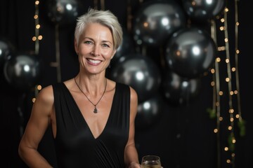 Portrait of beautiful mature woman with glass of champagne on black background - obrazy, fototapety, plakaty