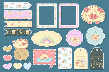 Kawaii design elements for scrapbooking with cute pet. Fluffy animal pig. Clipart. Set of vector.