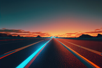 Road to the horizon concept with synthwave colors. Abstract background with surreal night way in 80s style. Generated AI.
