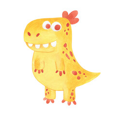 Watercolor illustration of funny yellow dinosaur. Spotted dinosaur