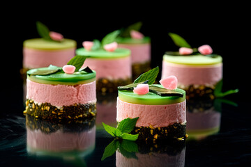 Raspberry pistachio mousse dessert. Jelly. Panna cotta. Generative AI