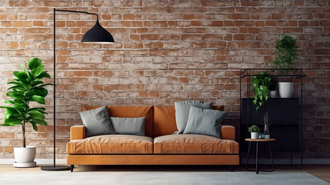 3D render Artistic Interiors: Enhancing Spaces with Mock-Up Posters, Brick Textures, and Relaxation with Sofa Designs.