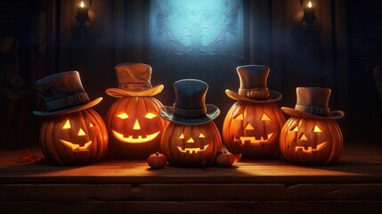 Four pumpkins with eyes and hats are sitting beside one another, created with generative ai