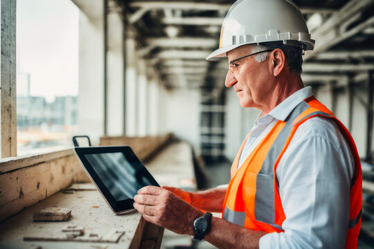 Digital portrait of a senior successful confident professional attractive worker standing in Construction site and uses Tablet computer. Concept of active age. Generative AI