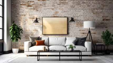 3D render Artistic Interiors: Enhancing Spaces with Mock-Up Posters, Brick Textures, and Relaxation with Sofa Designs.