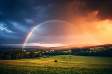 Naklejka premium rainbow in the evening sky spans a green landscape created with Generative AI technology