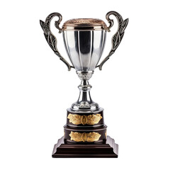  a silver trophy with gold accents on a wooden base, representing success and achievement